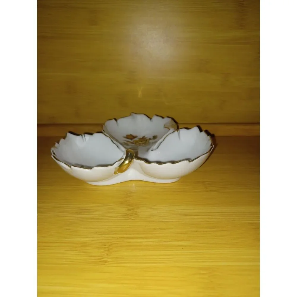 Leaf Shape Dish, Gold Flowers In‎ 3 Sections With Gold Handle